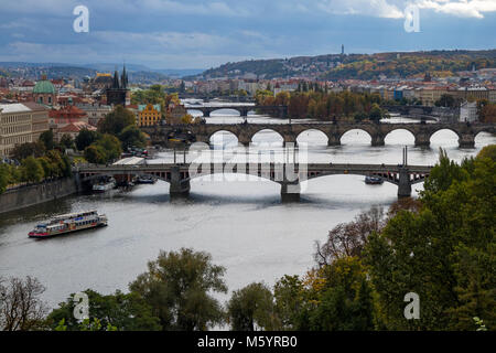 Prague, Czech Republic - October 8, 2017: Bridges over the Moldau river in Prague in autumn Stock Photo