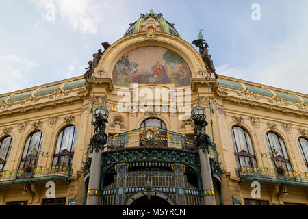 Prague, Czech Republic - October 9, 2017: The Art Nouveau building Municipal House in Prague with gold trimmings, stained glass  and sculpture Stock Photo