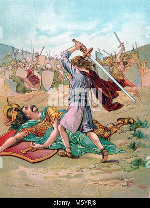 David cutting off Goliath's head (Book of Samuel). Illustration from 'A Child's Story of the Bible' by Mary Lathbury, published in 1898. Stock Photo