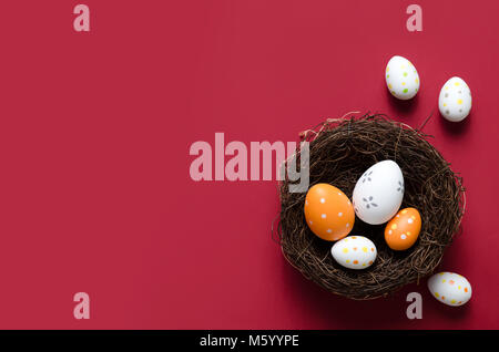 Happy easter decoration background, eggs in the nest, springtime rural composition with copy space Stock Photo