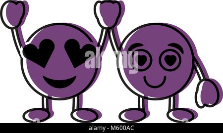 cute purple smile emoticons in love and surprised character Stock Vector