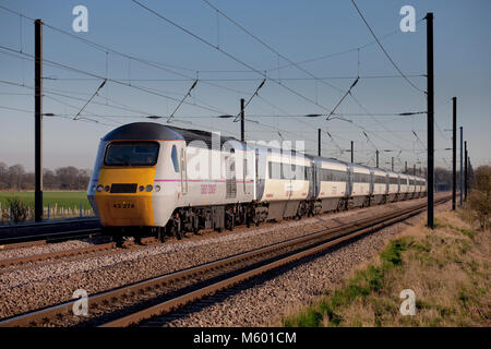 An East coast trains Intercity 125 heads north near Thirsk during the period when the east coast franchise was publicly run Stock Photo