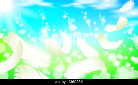 Realistic bright sunny spring landscape green grass blue sky light background white swan bird feather flying. 3d template promotional summer nature seasonal sale poster vector illustration Stock Vector