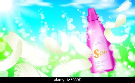 Realistic fabric softener spring landscape green grass blue sky light background white feather. 3d template mock up laundry household detergent branding luxury cosmetic product vector illustration Stock Vector