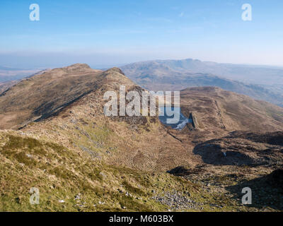 View from Allt-fawr to Llyn Iwerddon, the Crimea Pass (Bwlch y Gorddinon) & Moel Penamnen in Snowdonia's Moelwyn mountains, near Blaenau Ffestiniog. Stock Photo