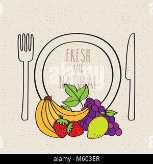 plate fork and knife banana strawberry grape lemon fresh and natural fruit Stock Vector