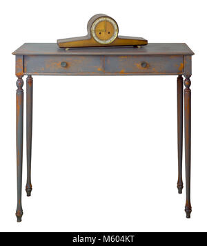 Vintage Furniture - Old style desktop clock on the top of retro wooden vintage table with two drawers painted in grey and orange isolated on white, in Stock Photo