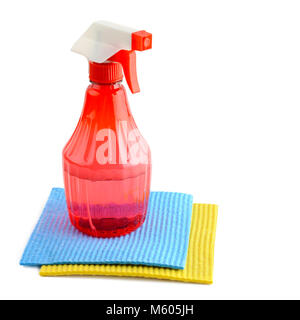 Spray with detergent and napkins isolated on white background. Side view. Stock Photo