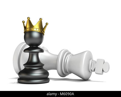 Black pawn has won white king 3D render illustration isolated on white background Stock Photo