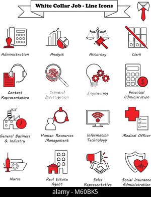 Vector Illustration Ready-To-Use 16 White Collar Job - Line Icons Designed as Multiple Professions Involved In Professional, Managerial, Admin Stock Vector