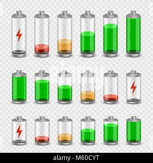 Battery accumulator electricity charger icon set on transparent background. Glossy batteries collection with green red orange indicator color charge.  Stock Vector