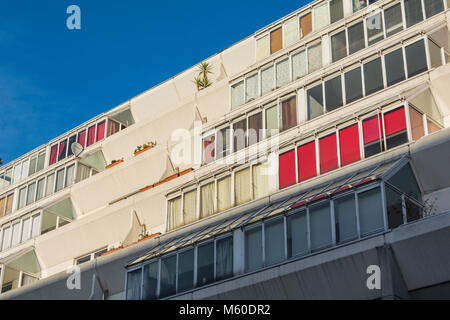 The Brunswick Centre's tiered flats, a Grade II listed residential and shopping centre in Bloomsbury, Camden, London,UK Stock Photo