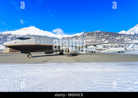 Russian standart Vodka 737 far away from his homebase Moscow at Engadin Airport in Samedan/Switzerland 03.01.2016 Stock Photo