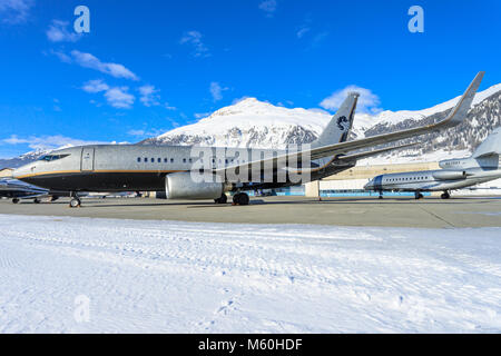 Russian standart Vodka 737 far away from his homebase Moscow at Engadin Airport in Samedan/Switzerland 03.01.2016 Stock Photo