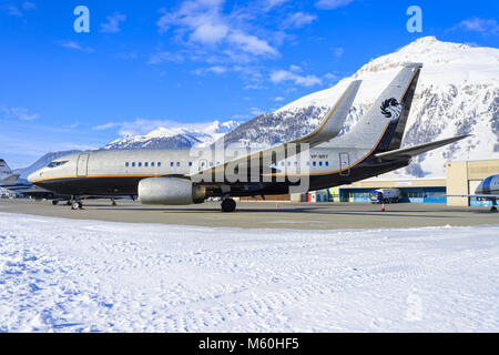 Russian standart Vodka 737 far away from his homebase Moscow at Engadin Airport in Samedan/Switzerland 03.01.2016 Stock Photo