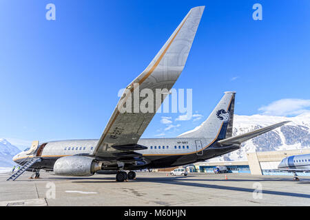 Russian standart Vodka 737 far away from his homebase Moscow at Engadin Airport in Samedan/Switzerland 03.01.2016 Stock Photo