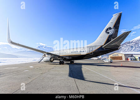 Russian standart Vodka 737 far away from his homebase Moscow at Engadin Airport in Samedan/Switzerland 03.01.2016 Stock Photo