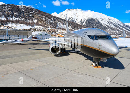 Russian standart Vodka 737 far away from his homebase Moscow at Engadin Airport in Samedan/Switzerland 03.01.2016 Stock Photo