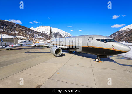 Russian standart Vodka 737 far away from his homebase Moscow at Engadin Airport in Samedan/Switzerland 03.01.2016 Stock Photo