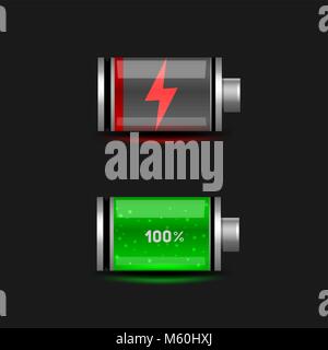 Simple discharged and charged battery icon set on black dark background. Glossy batteries collection with green red orange indicator color charge. Eas Stock Vector