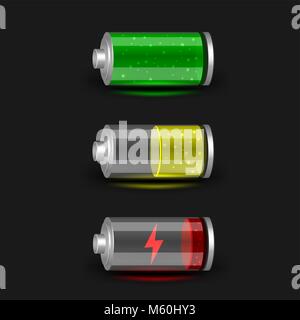 Discharged half charge and charged battery icon set on black dark background. Glossy batteries collection with green red yellow indicator color charge Stock Vector