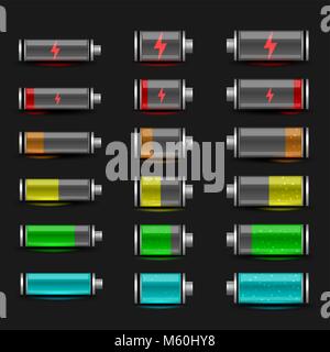 Simple battery charger icon set on black dark background. Glossy batteries collection with green red orange indicator color charge. Easy to edit width Stock Vector
