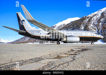 Russian standart Vodka 737 far away from his homebase Moscow at Engadin Airport in Samedan/Switzerland 03.01.2016 Stock Photo