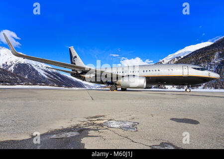 Russian standart Vodka 737 far away from his homebase Moscow at Engadin Airport in Samedan/Switzerland 03.01.2016 Stock Photo