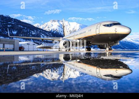 Russian standart Vodka 737 far away from his homebase Moscow at Engadin Airport in Samedan/Switzerland 03.01.2016 Stock Photo