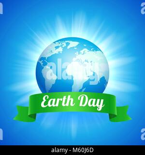 Earth Day. Vector illustration of blue globe planet with green ribbon on the sunburst background Stock Vector