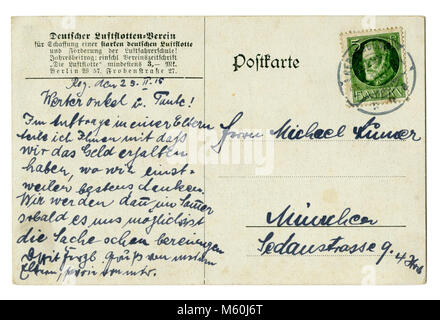 Back of Old German world war one postcard (M60J6K) letter written in blue ink with Bavarian postage stamp 1915, Germany, Kingdom of Bavaria ww1 Stock Photo