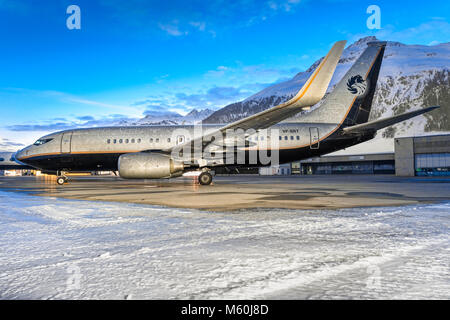 Russian standart Vodka 737 far away from his homebase Moscow at Engadin Airport in Samedan/Switzerland 03.01.2016 Stock Photo