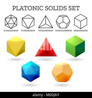 Platonic 3d shapes. Platon geometry abstract solid icons isolated on white background, vector illustration Stock Vector