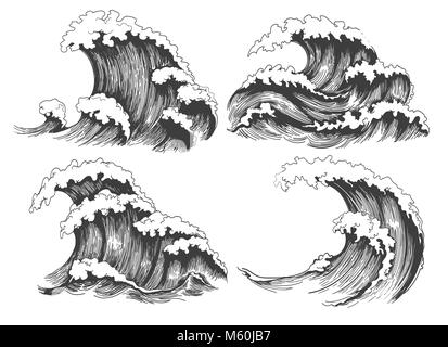 Ocean waves icons set. Outline illustration of 9 ocean waves vector ...