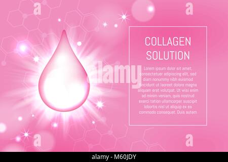 Vector illustration with collagen drop and bokeh lights on pink background. Cosmetic concept Stock Vector