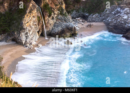 McWay Falls Scenic Waterfall Landscape Aerial Beach View on Big Sur Coast in Central California, Julia Pfeiffer Burns State Park