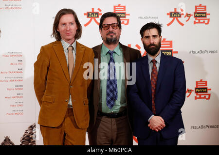 Director Wes Anderson with screenwriter Roman Coppola and actor Jason Schwartzman at photocall of Isle of Dogs in Madrid on Tuesday 27 February 2018. Stock Photo