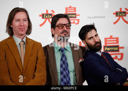 Director Wes Anderson with screenwriter Roman Coppola and actor Jason Schwartzman at photocall of Isle of Dogs in Madrid on Tuesday 27 February 2018. Stock Photo