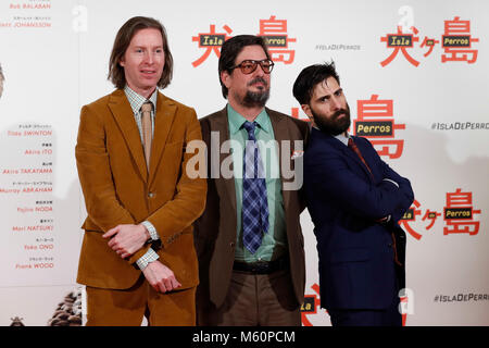 Director Wes Anderson with screenwriter Roman Coppola and actor Jason Schwartzman at photocall of Isle of Dogs in Madrid on Tuesday 27 February 2018. Stock Photo