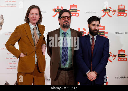 Director Wes Anderson with screenwriter Roman Coppola and actor Jason Schwartzman at photocall of Isle of Dogs in Madrid on Tuesday 27 February 2018. Stock Photo