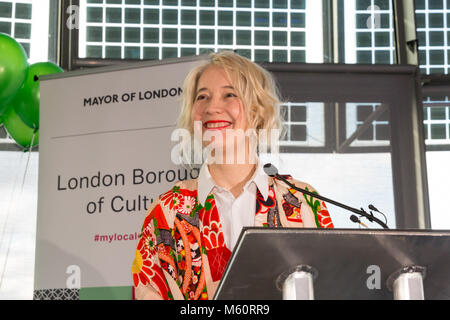 City Hall, London, 27th Feb 2018. Justine Simons, Deputy Mayor, Culture and the Creative Industries,  speaks at the awards. The Mayor of London Sadiq Khan announces the winners of the London Borough of Culture competition at a special presentation at City Hall.  The £3.5-million London Borough of Culture award, is a major new initiative. Funding will help the winning boroughs to stage a programme of world-class cultural events and initiatives. Credit: Imageplotter News and Sports/Alamy Live News Stock Photo