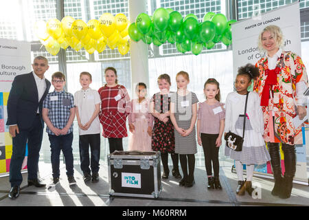 City Hall, London, 27th Feb 2018. The Mayor with children representing one of the Boroughs. The Mayor of London Sadiq Khan announces the winners of the London Borough of Culture competition at a special presentation at City Hall.  The £3.5-million London Borough of Culture award, is a major new initiative. Funding will help the winning boroughs to stage a programme of world-class cultural events and initiatives. Credit: Imageplotter News and Sports/Alamy Live News Stock Photo