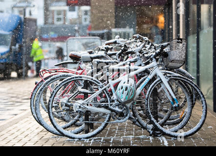 London, UK. 27th February, 2018: Bikes getting covered as the snow begins to fall in South London, UK. Credit:Ashley Western/Alamy Live News Stock Photo