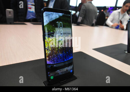 Barcelona, Spain. 27th Feb, 2018. The Samsung S9 Mobile phone seen at the Mobile World Congress.The Mobile World Congress 2018 is being hosted in Barcelona from 26 February to 1st March. Credit: Images from the second day of the 18th MWC in Barcelona  6 .jpg/SOPA Images/ZUMA Wire/Alamy Live News Stock Photo