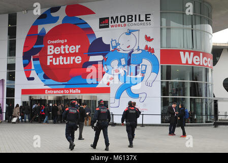 Barcelona, Spain. 27th Feb, 2018. The front entrance of Mobile World Congress 2018.The Mobile World Congress 2018 is being hosted in Barcelona from 26 February to 1st March. Credit: Images from the second day of the 18th MWC in Barcelona  5 .jpg/SOPA Images/ZUMA Wire/Alamy Live News Stock Photo