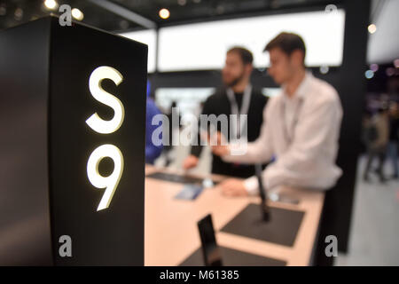 Barcelona, Spain. 27th Feb, 2018. The latest Samsung S9 mobile phone being exhibited at the Mobile World Congress.The Mobile World Congress 2018 is being hosted in Barcelona from 26 February to 1st March. Credit: Images from the second day of the 18th MWC in Barcelona  2 .jpg/SOPA Images/ZUMA Wire/Alamy Live News Stock Photo