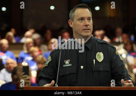 Ft. Lauderdale, FL, USA. 27th Feb, 2018. Coconut Creek Police Officer Michael Leonard speaks before the Broward County Commission meeting after it was proclaimed that February 27 is Officer Michael Leonard and Coconut Creek Police Department Appreciation Day. Officer Leonard stopped Marjory Stoneman Douglas High gunman Nikolas Cruz. Photographed in Fort Lauderdale on Tuesday, Feb. 27, 2018. Amy Beth Bennett, Sun Sentinel Credit: Sun-Sentinel/ZUMA Wire/Alamy Live News Stock Photo