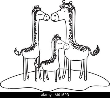 cartoon giraffes couple with calf over grass in monochrome silhouette Stock Vector