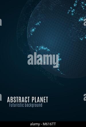 Abstract planet earth. Blue glowing map of small dots. Dark futuristic background. Space concept. High tech. World map. Global network connection. Vec Stock Vector