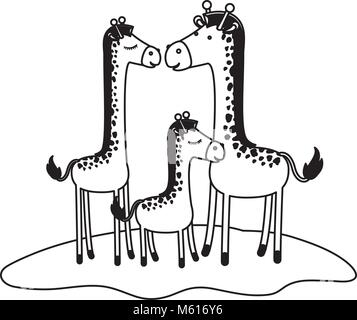 cartoon giraffes couple with calf over grass in black silhouette Stock Vector
